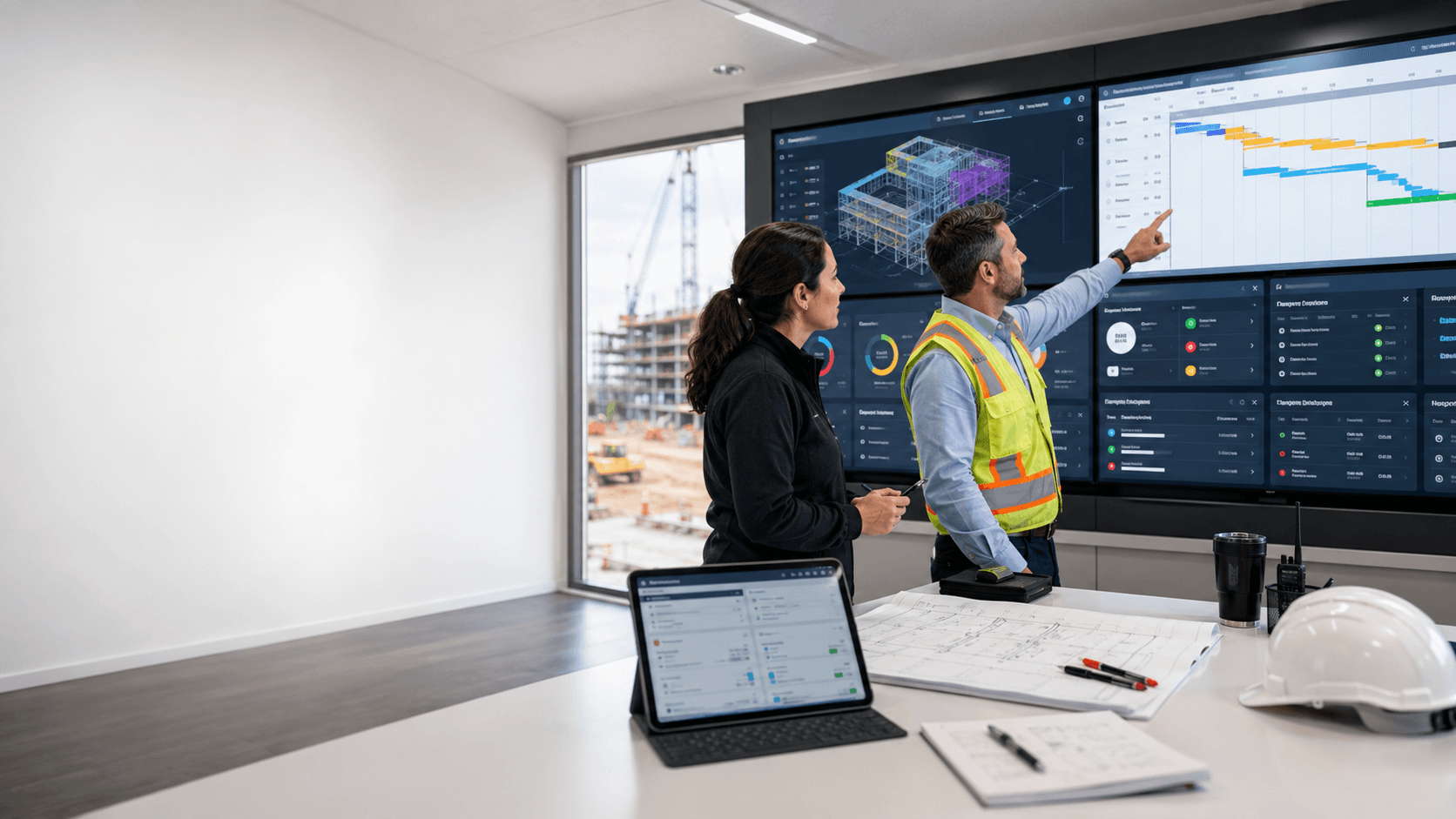 Construction project control room with BIM, schedule, RFI, cost, procurement, and field reporting views.