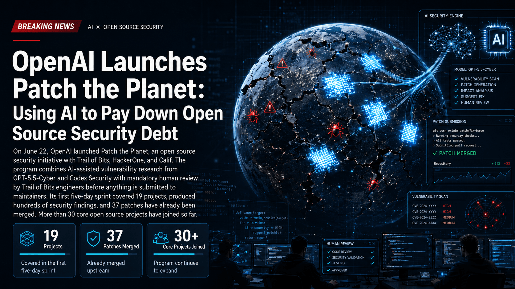A U.S. tech news-style cover showing the headline “OpenAI Launches Patch the Planet: Using AI to Pay Down Open Source Security Debt.” The layout features a bold editorial title on the left with a “BREAKING NEWS” banner and brief summary text. On the right, a futuristic digital Earth is shown being repaired with glowing AI-driven patches, surrounded by vulnerability alerts and security dashboards. The overall style is modern, cyber-security themed, and consistent with American technology journalism visuals.