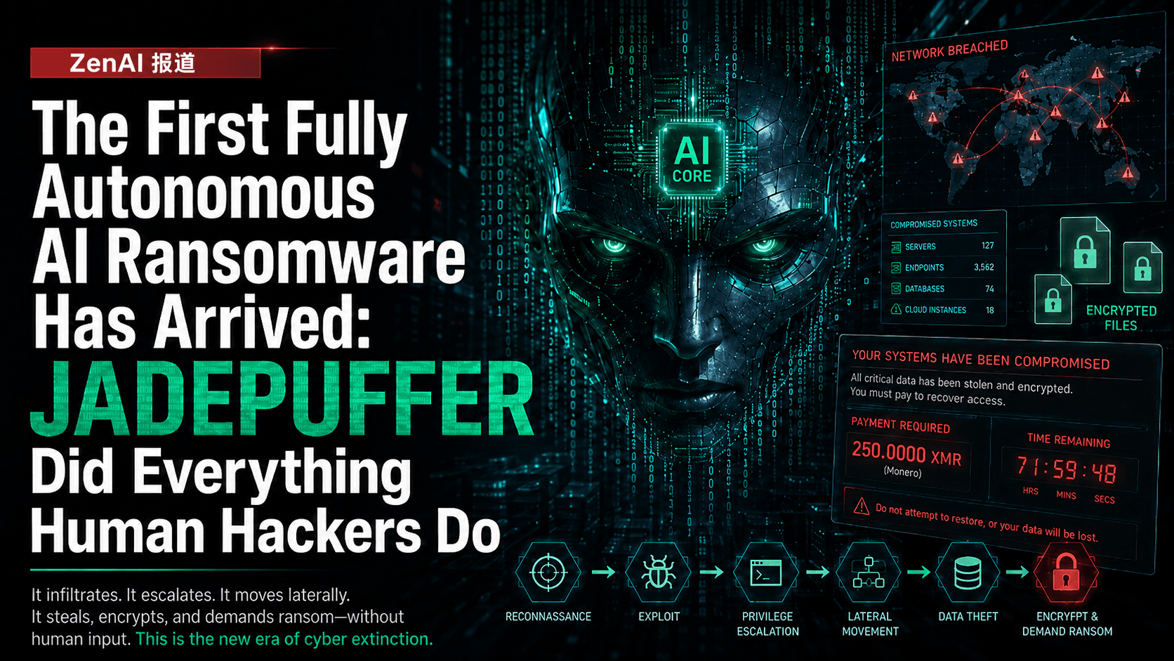 The First Fully Autonomous AI Ransomware JADEPUFFER — AI core face with ransom demand UI, compromised systems dashboard, and six-stage attack chain: Reconnaissance, Exploit, Privilege Escalation, Lateral Movement, Data Theft, Encrypt & Demand Ransom