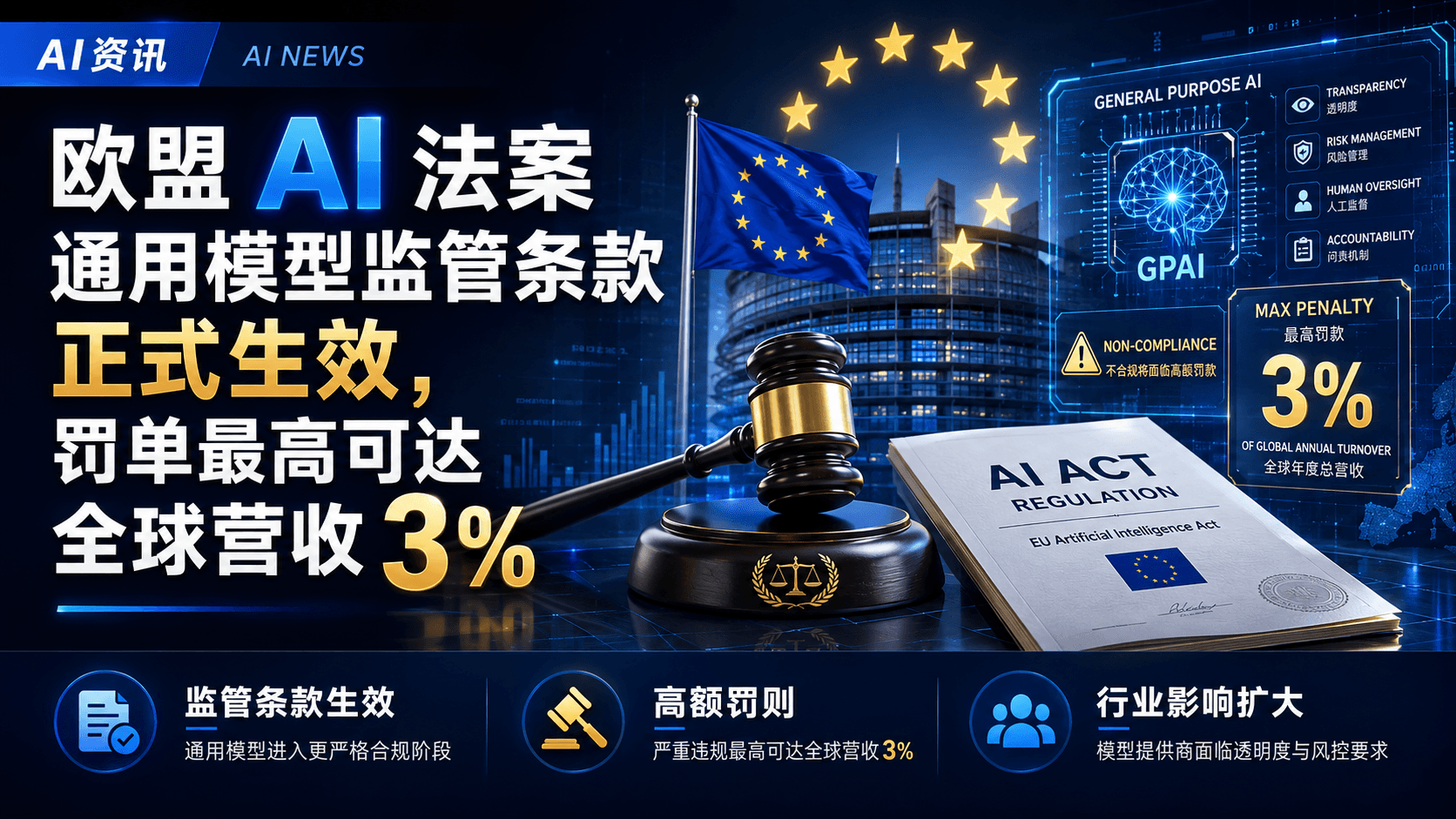 "欧盟AI法案通用模型监管条款正式生效,罚单最高可达全球营收3%"新闻封面图,深蓝背景,中央为欧盟旗帜星环与议会大楼剪影,前景是法槌与"AI ACT REGULATION"文件；右侧面板展示发光大脑图标"GPAI",配透明度、风险管理等要点及"最高罚款3%全球营收"标注。底部三要点:监管条款生效、高额罚则、行业影响扩大。