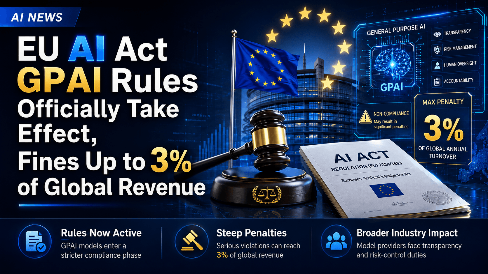 News cover image with a dark blue background featuring the EU flag and star circle beside a Parliament building silhouette, a gavel, and an "AI ACT REGULATION" document in the foreground. A side panel shows a glowing brain icon labeled "GPAI" with callouts for transparency and risk management, plus a "3% of global revenue" penalty badge. Headline: "EU AI Act GPAI Rules Take Effect, Fines Up to 3% of Global Revenue." Bottom callouts: Rules Now Active, Steep Penalties, Broader Industry Impact.