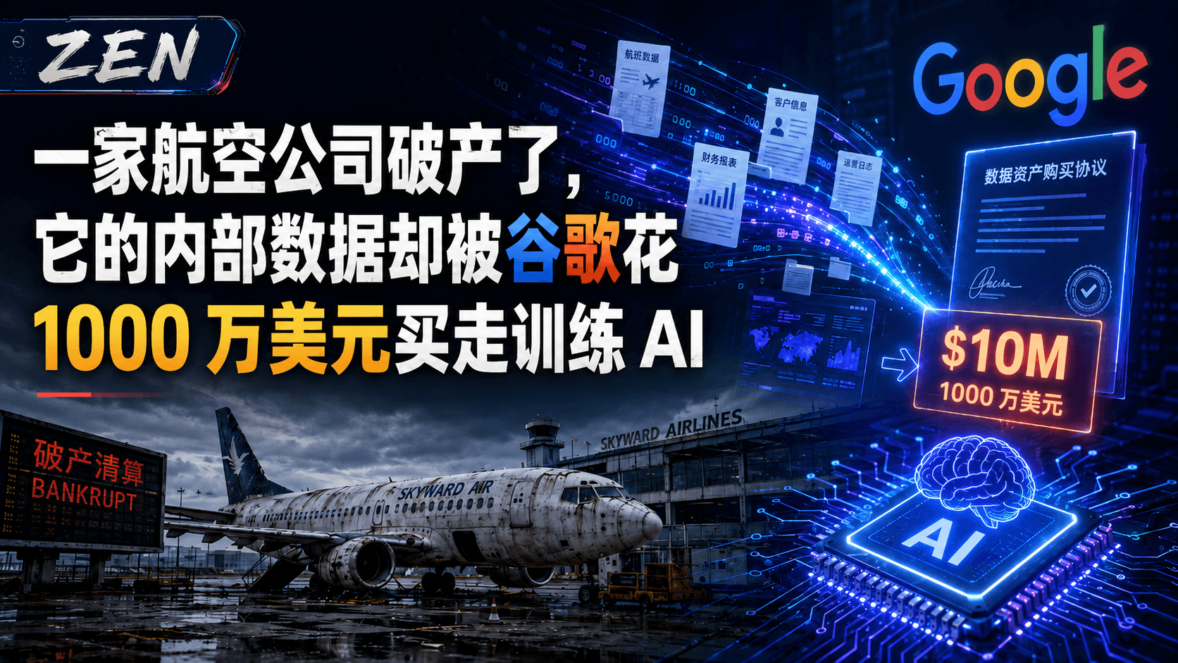 废弃的破产航空公司客机停在停机坪，标题写着"一家航空公司破产了，它的内部数据却被谷歌花1000万美元买走训练AI"，右侧展示数据资产购买协议文件和1000万美元标签，谷歌AI芯片图标，多份数据文档（航班数据、客户信息、财务报表、运营日志）以数字光效汇入协议中，ZEN标志位于左上角。