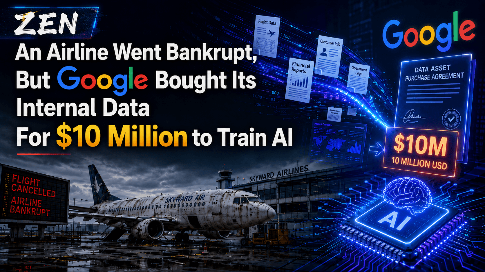 Weathered bankrupt airline jet parked on the tarmac, headline reads "An Airline Went Bankrupt, But Google Bought Its Internal Data For $10 Million to Train AI," with a Google logo, a data asset purchase agreement document and $10M price tag on the right, an AI chip icon, and several data documents (Flight Data, Customer Info, Financial Reports, Operations Logs) streaming into the agreement via glowing digital light trails, ZEN logo in the top left corner.