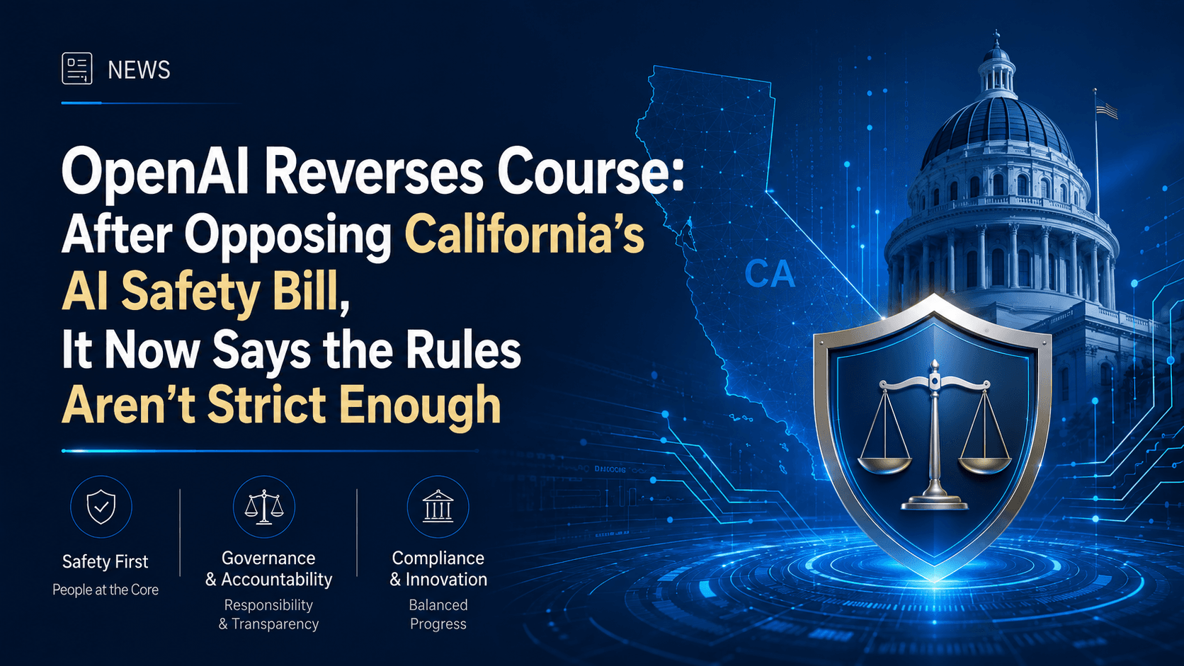 Dark blue tech-themed news cover with headline "OpenAI Reverses Course: After Opposing California's AI Safety Bill, It Now Says the Rules Aren't Strict Enough," featuring a California state outline and a US capitol dome building on the right with a scales-of-justice shield icon overlaid, three circular icons at the bottom for Safety First, Governance & Accountability, and Compliance & Innovation, with a "NEWS" label in the top left corner.