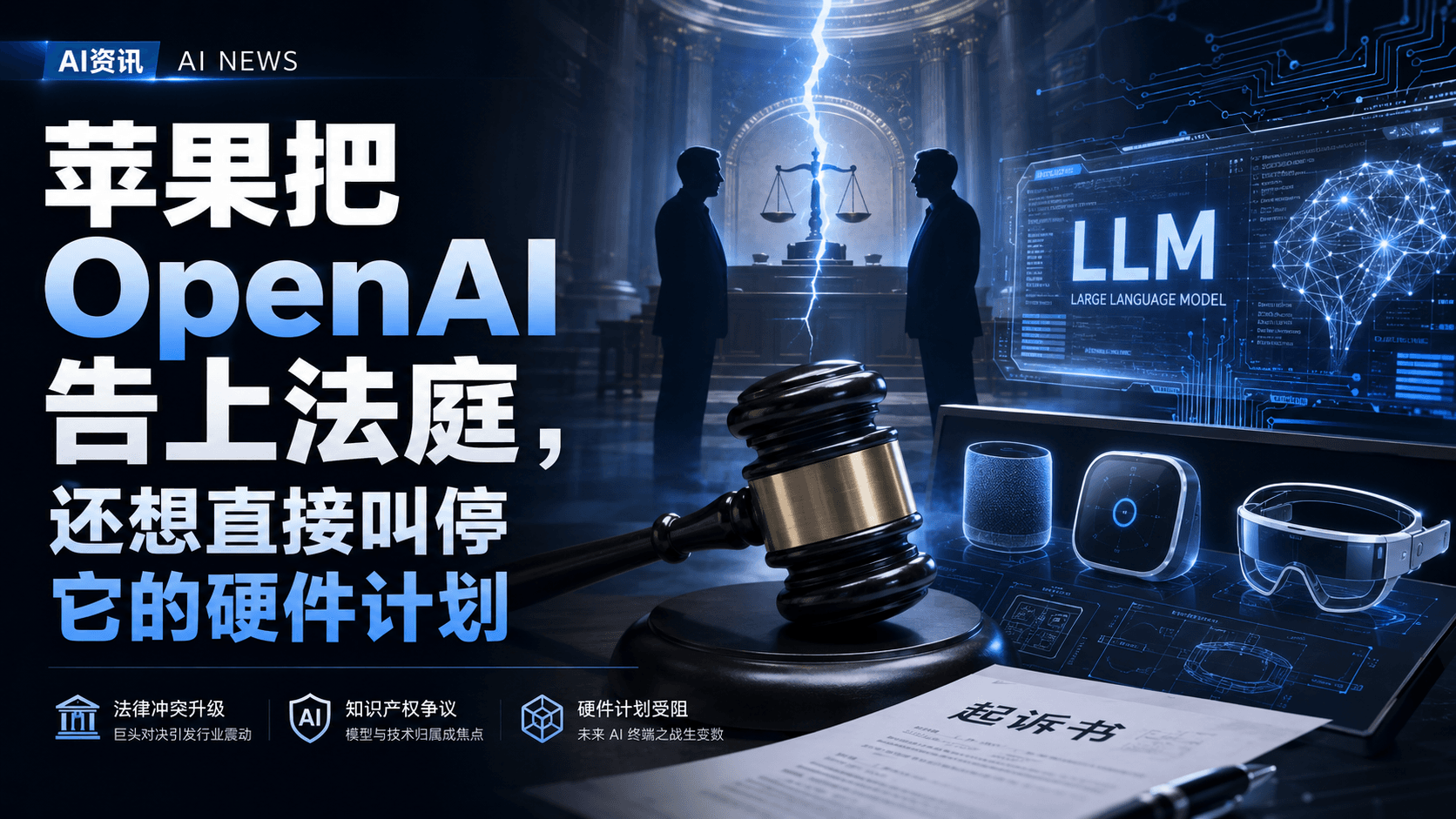 "苹果把 OpenAI 告上法庭,还想直接叫停它的硬件计划"新闻封面图,深蓝色法庭场景,闪电劈下,两名男子剪影隔空对峙,背后是天平雕像；右侧悬浮"LLM"科技屏幕与神经网络大脑图案，桌面摆放智能音箱、方形设备、AR眼镜等硬件原型及一份"起诉书"文件与法槌。底部三个要点:法律冲突升级、知识产权争议、硬件计划受阻。
