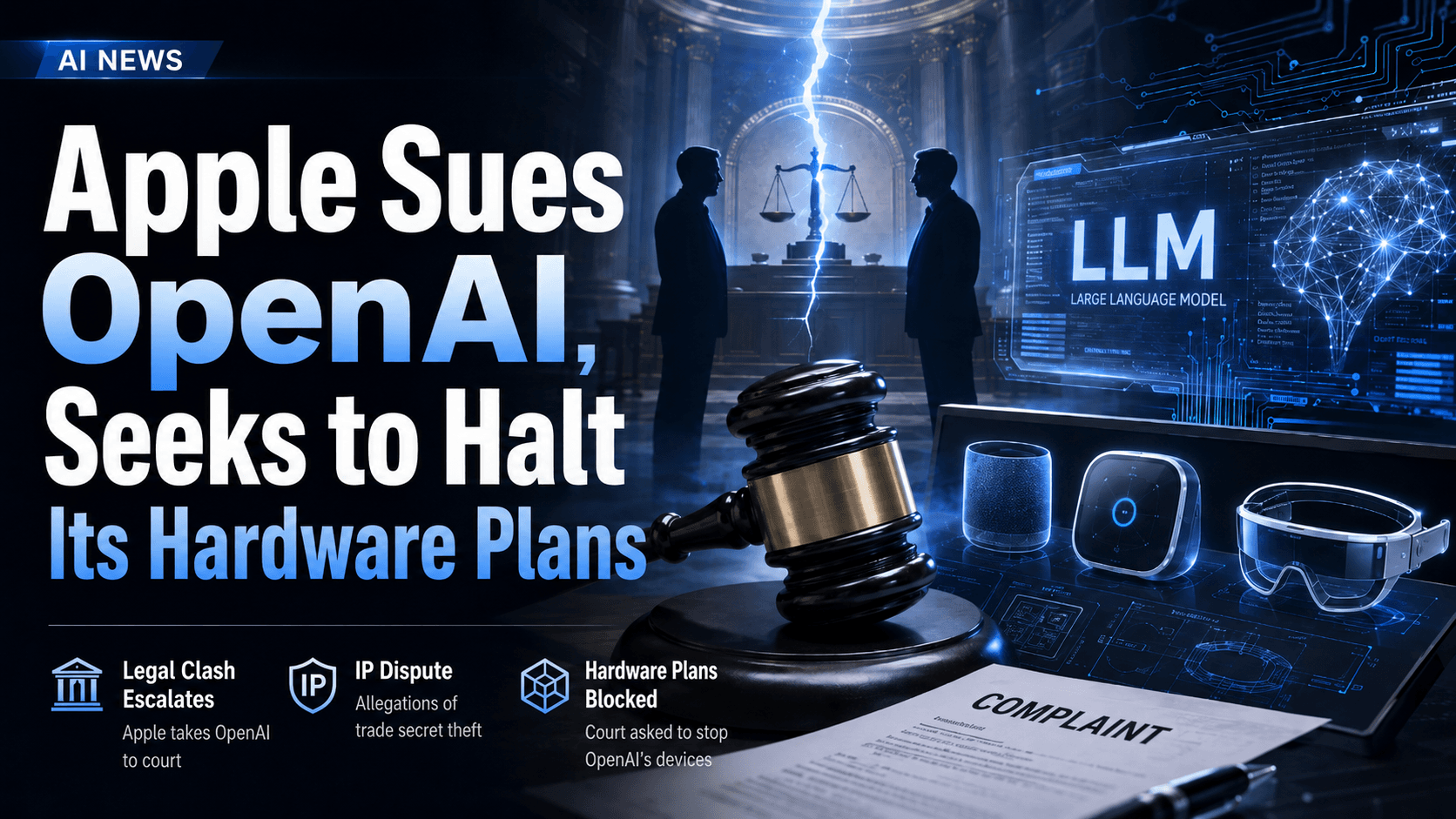 News cover image showing a dark blue courtroom scene with lightning striking down between two silhouetted men facing off before a justice scale statue. To the right, a floating "LLM" display beside a glowing neural-network brain, with prototype hardware — a smart speaker, a square gadget, and AR glasses — plus a "COMPLAINT" document and gavel on the desk. Headline: "Apple Sues OpenAI, Seeks to Halt Its Hardware Plans." Three callouts below: Legal Clash Escalates, IP Dispute, Hardware Plans Blocked.