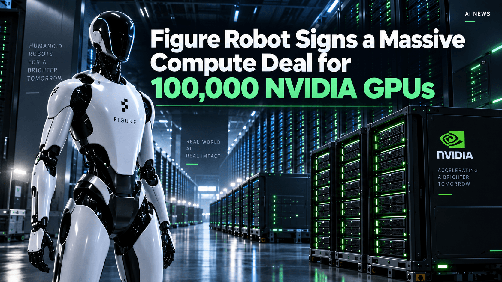 An AI news cover image showing a white humanoid robot standing in a data center next to rows of server racks with green indicator lights and an Nvidia logo, with the headline "Figure Robot Signs a Massive Compute Deal for 100,000 NVIDIA GPUs."