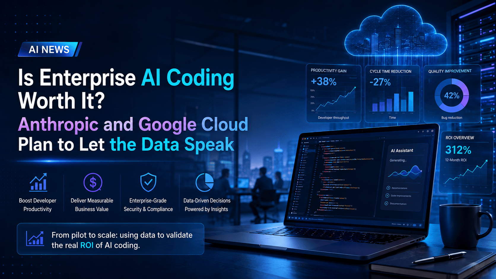 Dark blue tech-themed news cover with headline "Is Enterprise AI Coding Worth It? Anthropic and Google Cloud Plan to Let the Data Speak," featuring a cloud server icon and three metric cards (Productivity Gain +38%, Cycle Time Reduction -27%, Quality Improvement 42%) plus a 312% ROI Overview card on the right, a laptop in the center showing a code editor and AI assistant panel, four icons at the bottom for Boost Developer Productivity, Deliver Measurable Business Value, Enterprise-Grade Security & Compliance, and Data-Driven Decisions, with an "AI NEWS" label in the top left corner.