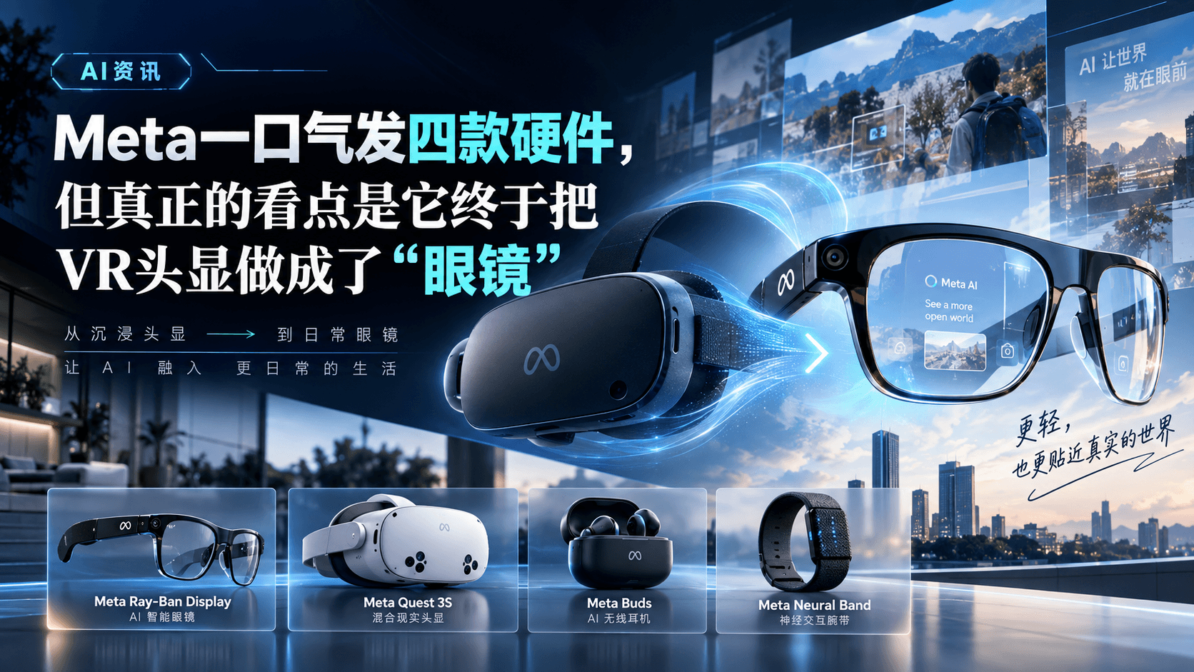 "AI资讯"标签下，标题写着"Meta一口气发四款硬件，但真正的看点是它终于把VR头显做成了'眼镜'"，副标题"从沉浸头显→到日常眼镜，让AI融入更日常的生活"。画面中一台Meta VR头显正化作光效流转为一副智能眼镜，背景是科技感十足的城市天际线与多屏画面。底部四张产品卡片依次为Meta Ray-Ban Display（AI智能眼镜）、Meta Quest 3S（混合现实头显）、Meta Buds（AI无线耳机）、Meta Neural Band（神经交互腕带）。