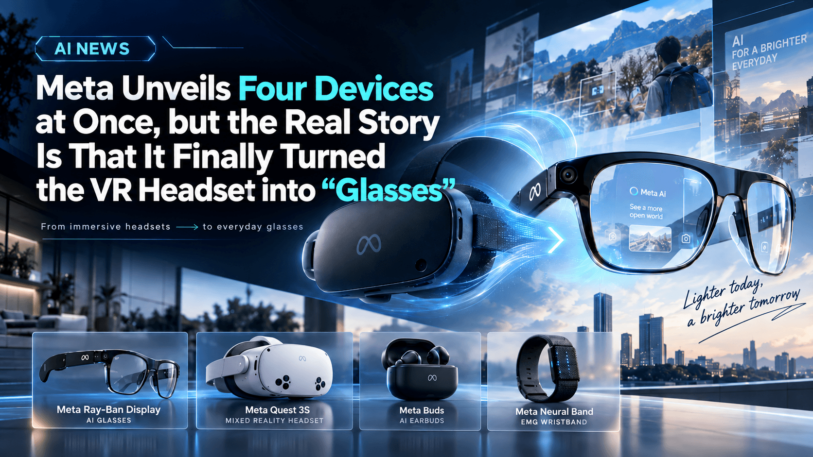 Under an "AI NEWS" tag, the headline reads "Meta Unveils Four Devices at Once, but the Real Story Is That It Finally Turned the VR Headset into 'Glasses'," with subtext "From immersive headsets to everyday glasses." A Meta VR headset dissolves into light trails forming a pair of smart glasses, set against a futuristic city skyline with layered screens. Four product cards below show Meta Ray-Ban Display (AI Glasses), Meta Quest 3S (Mixed Reality Headset), Meta Buds (AI Earbuds), and Meta Neural Band (EMG Wristband).