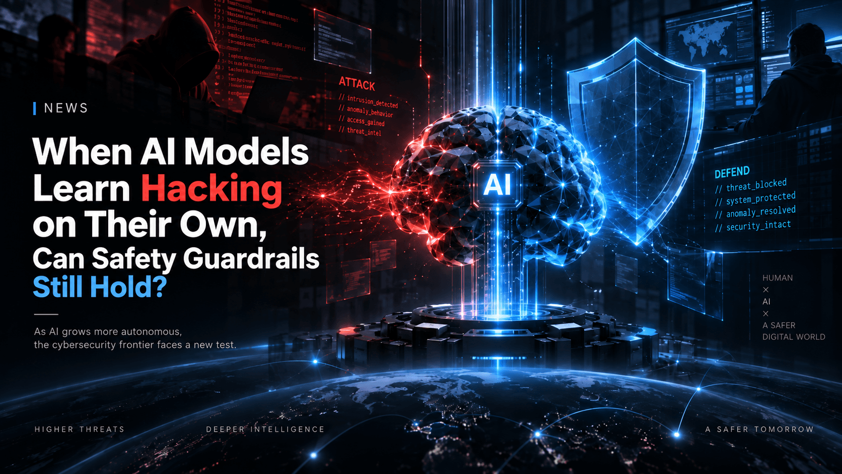 A cybersecurity news cover image showing a brain-shaped tech device split red (attack code, hacker silhouette) and blue (defense shield, security monitors), with the headline "When AI Models Learn Hacking on Their Own, Can Safety Guardrails Still Hold?"