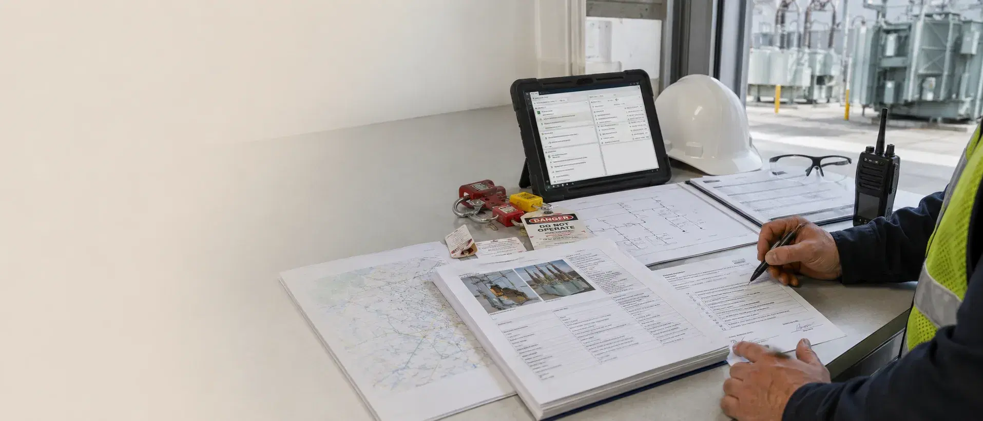 Energy workflow boundary connecting asset events, procedures, EAM, CMMS, GIS, field teams, operators, engineers, compliance reviewers, safety gates, and reviewed updates