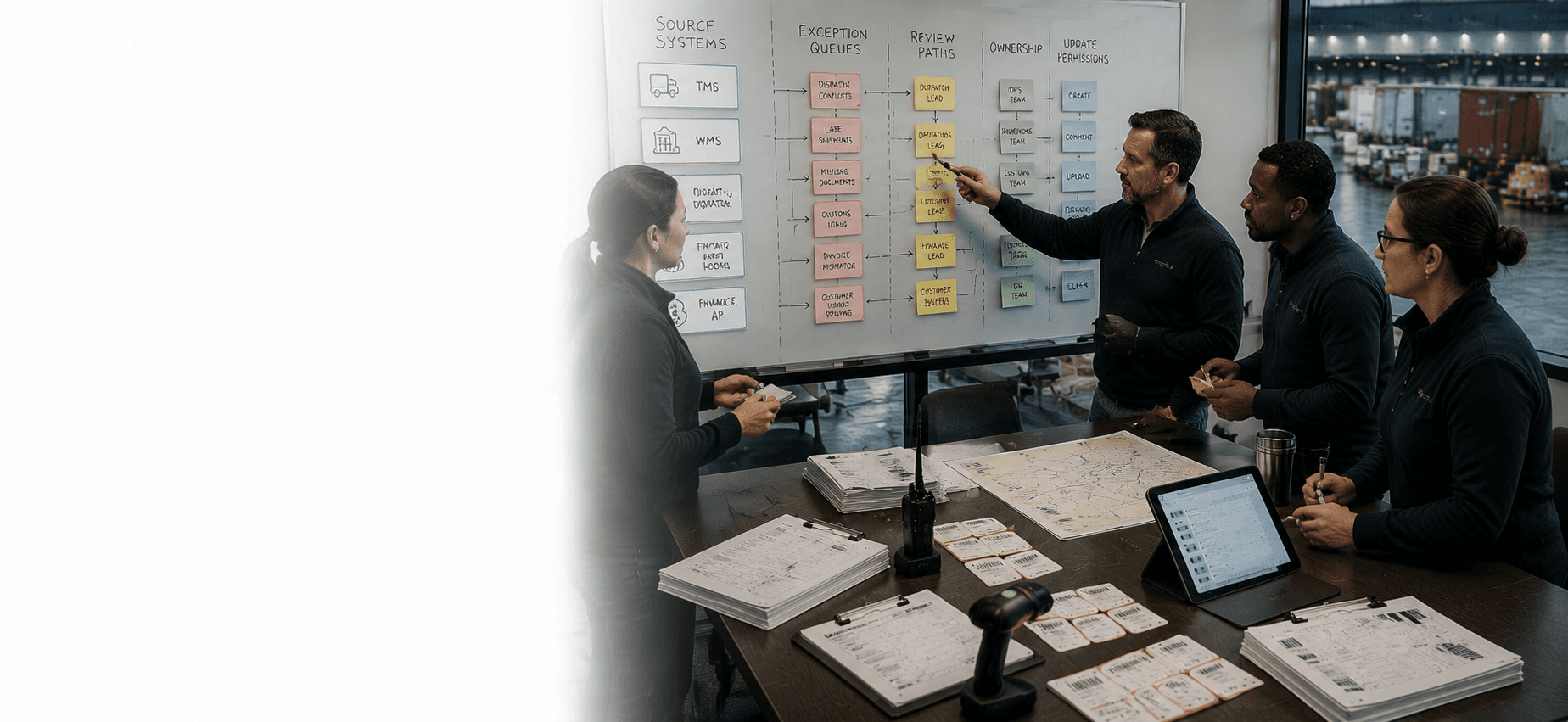 Logistics workflow boundary map with orders, TMS, WMS, dispatch, customs, invoices, owners, and review paths.