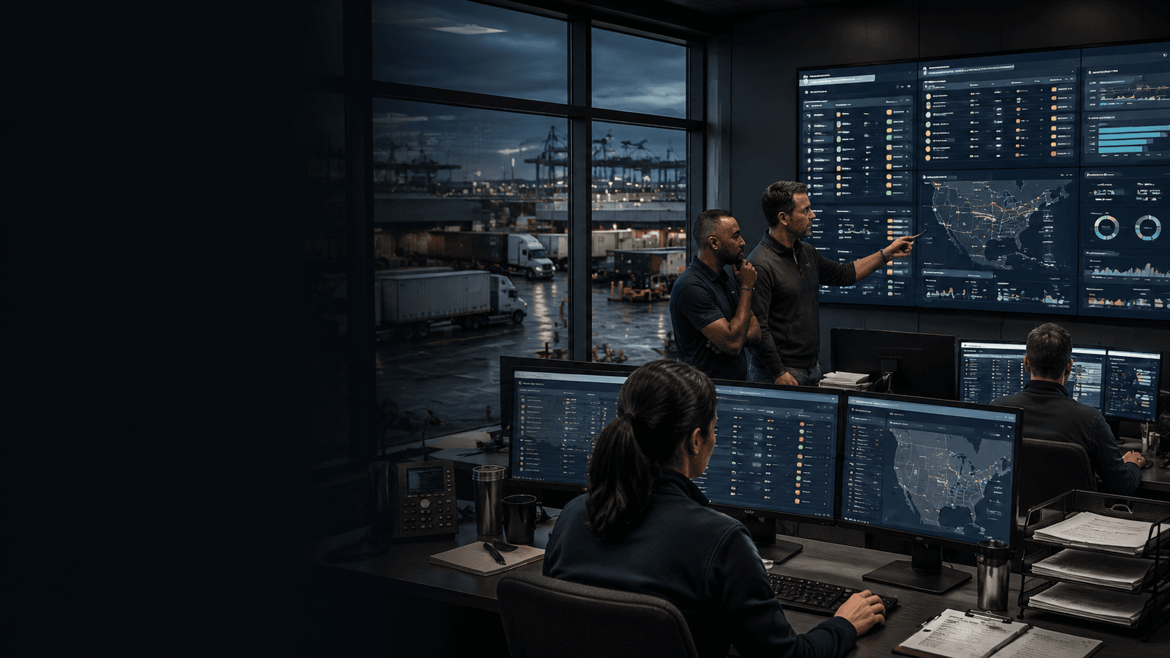 North American logistics control tower: dispatchers, warehouse status, TMS/WMS, port/truck/order exceptions, and cross-border document queues.