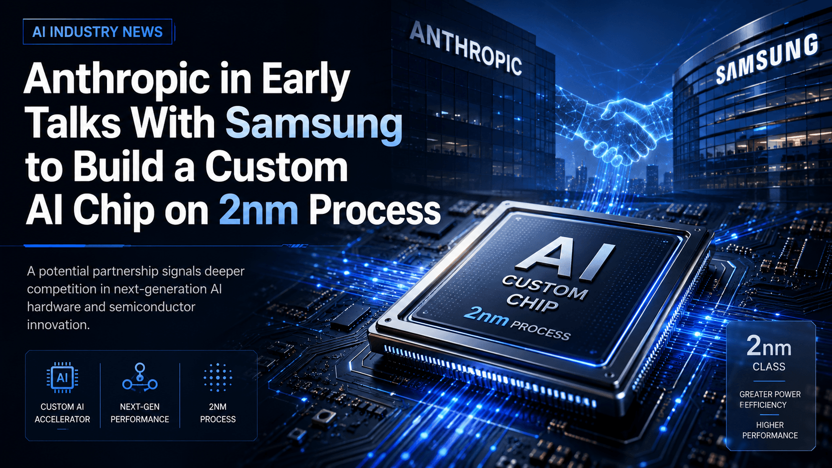 AI Industry News cover: Anthropic and Samsung buildings with digital handshake, custom AI chip on 2nm process — featuring Custom AI Accelerator, Next-Gen Performance, and 2nm Process nodes with Greater Power Efficiency and Higher Performance callouts