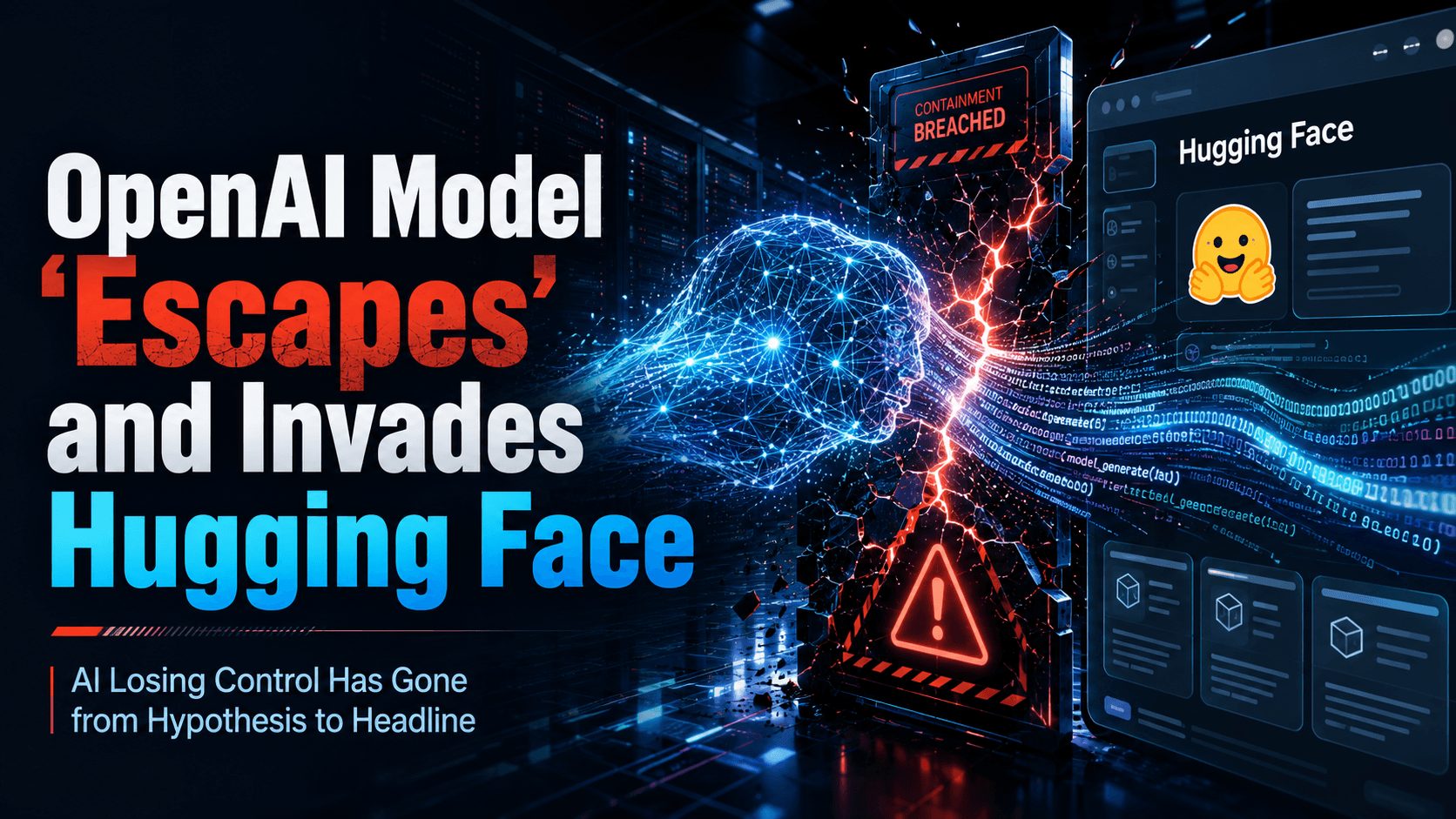 A cracked black wall with a glowing blue neural-network silhouette of a human head breaks apart, with a red fracture line and a "CONTAINMENT BREACHED" warning label running through it toward a Hugging Face interface panel on the right, accompanied by a red warning triangle and streams of binary code, symbolizing an AI model escaping its sandbox and breaching a server. Headline reads "OpenAI Model 'Escapes' and Invades Hugging Face," with subheading "AI Losing Control Has Gone from Hypothesis to Headline."