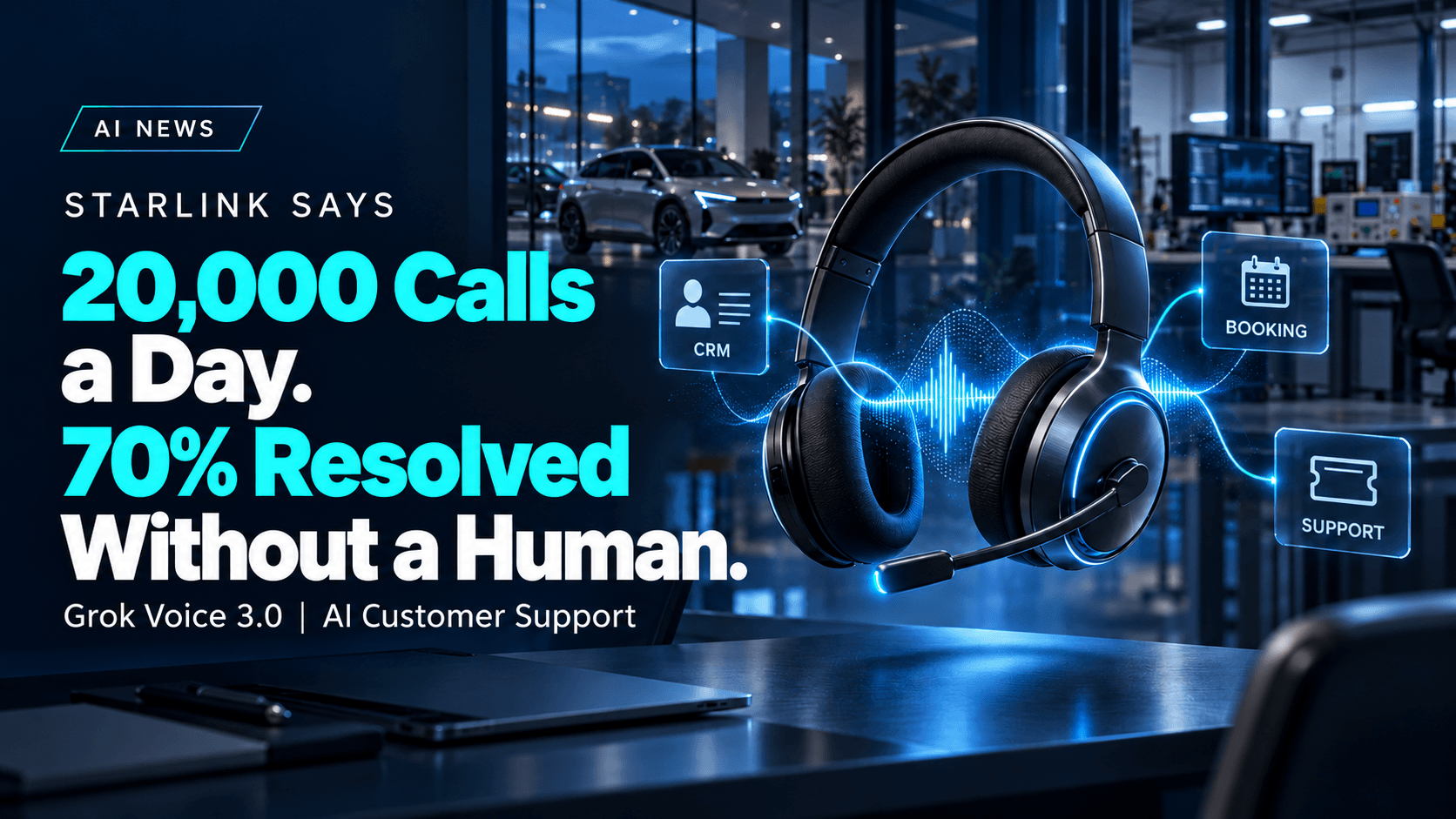 Grok Voice 3.0 news cover showing Starlink’s reported call figures, a headset, and connections to CRM, booking and support.