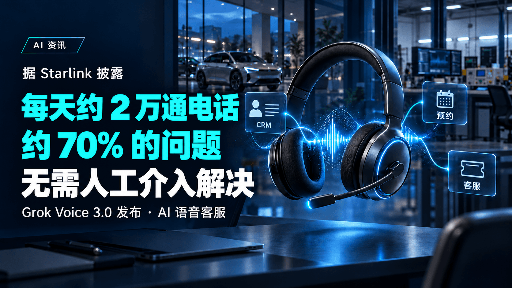 Grok Voice 3.0 新闻封面:展示 Starlink 披露的电话处理数据,以及连接 CRM、预约和客服系统的耳麦与语音波形。